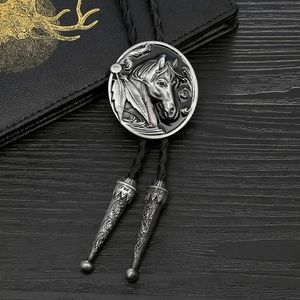 New Leather silver and black Horse western bolo tie approximately 39"